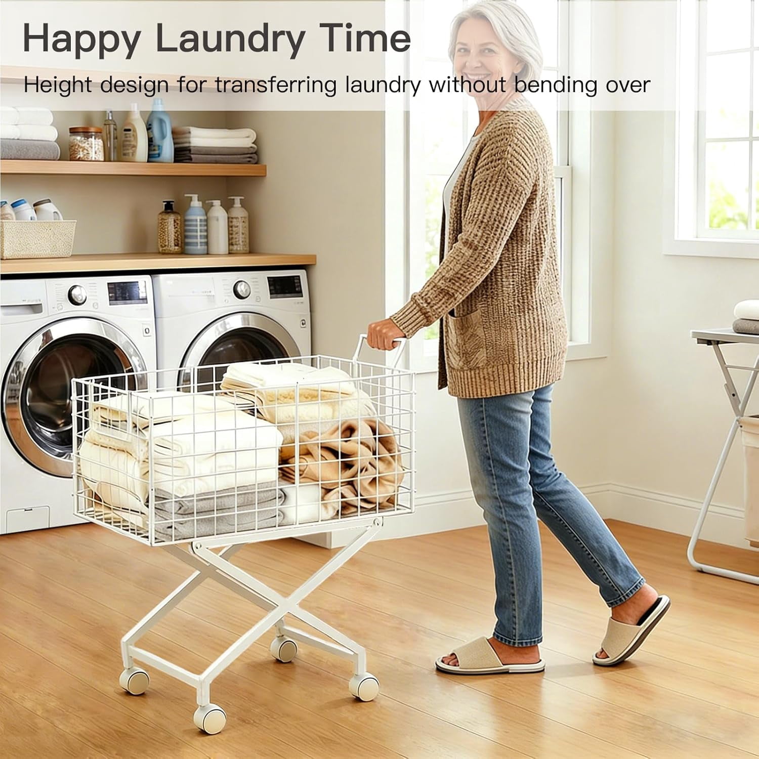 Rolling Laundry Basket with Wheels, 80L Wire Laundry Hamper with Lockable Casters, Sturdy Metal Cart for Clothes Storage, Ventilated Rolling Bin for Bathroom Bedroom (White)