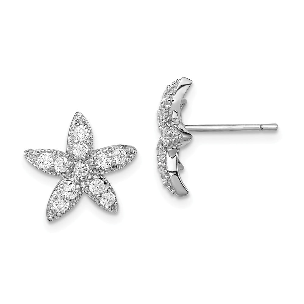 Solid Sterling Silver Rhodium Plated Cubic Zirconia Wavy Starfish Stud Earrings 