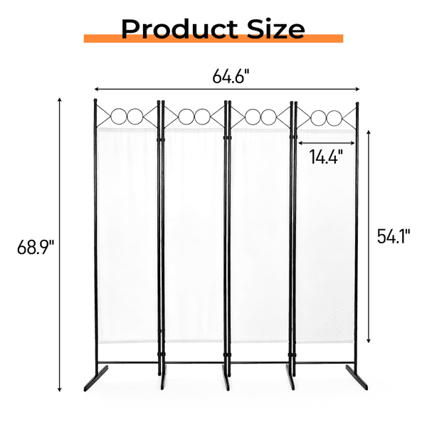4-Fold 6FT Foldable Screen, Plastic Feet 160g Polyester Fabric Carbon Steel Frame, Off-White