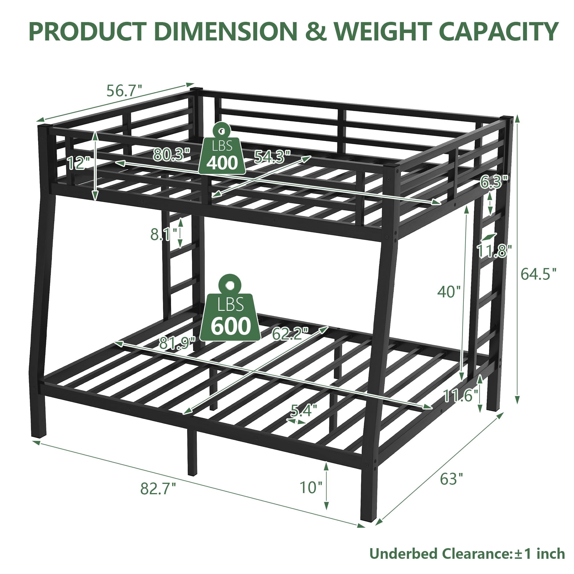 Miniyam Full XL over Queen Metal Bunk Bed with 2 Ladders, Heavy Duty Noise-Free Frame with Guardrails, No Box Spring Needed, for Adults, Black