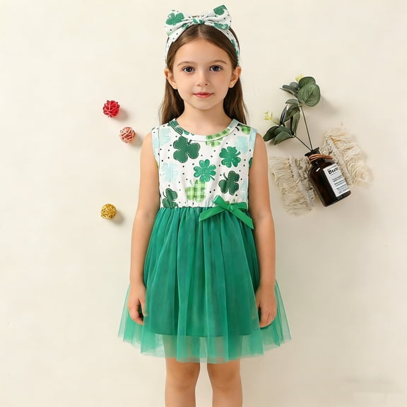 CPNG Toddler Girls St. Patrick’s Day 2-Piece Outfit Set - Shamrock Print Sleeveless Dress   Clover Bow Headband - Tulle Tutu Skirt Irish-Themed Clothing for Parades, Parties & Holiday Photos