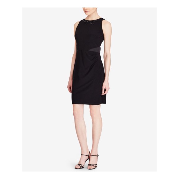 AMERICAN LIVING Womens Black Beaded Sleeveless Jewel Neck Knee Length Sheath Dress 6
