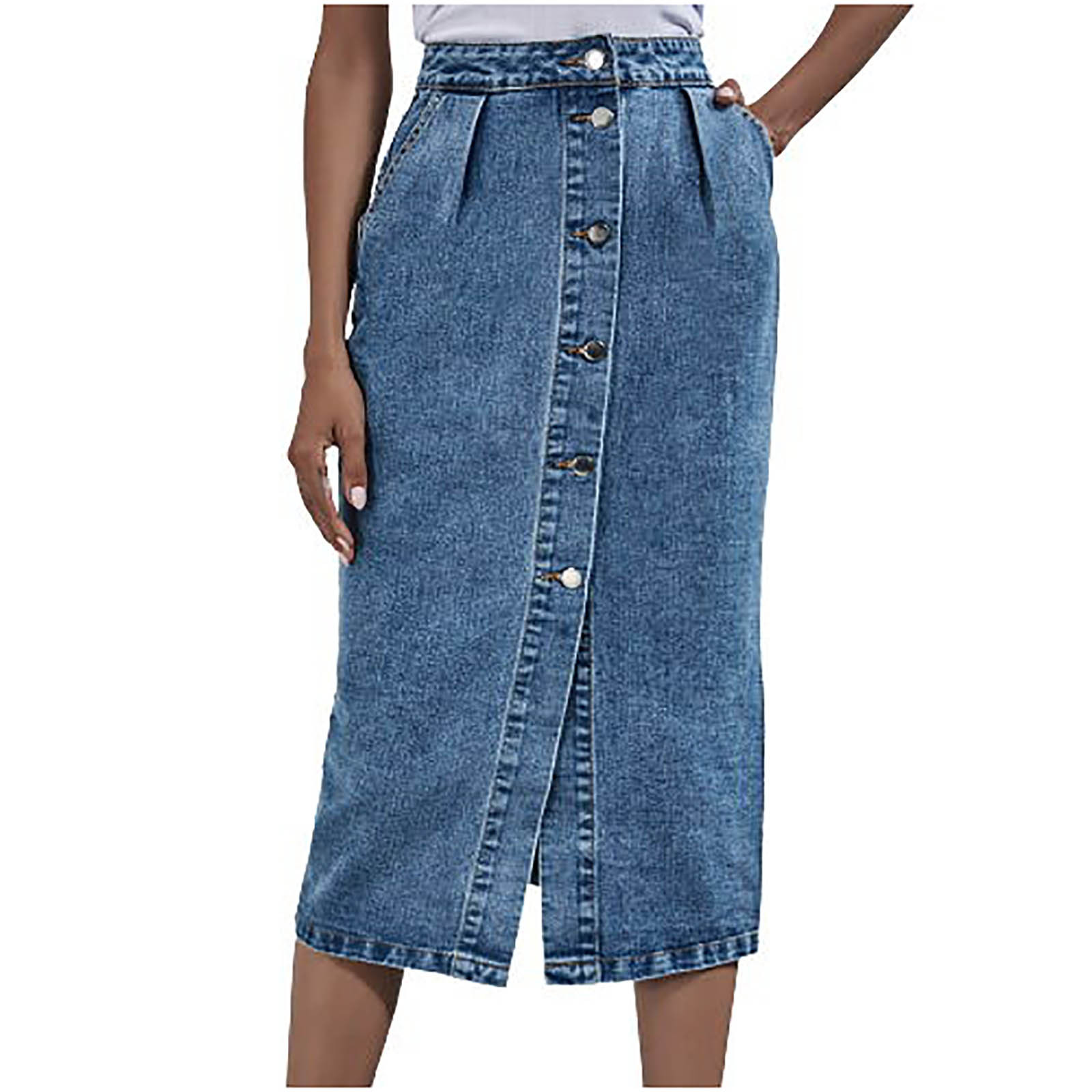 Women's High Waisted Jean Skirt Washed Distressed Split Button Up Denim Midi Skirt Stretchy