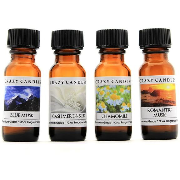 Crazy Candles 4 Bottle Set: 1 Blue Musk, 1 Cashmere & Silk, 1 Chamomile, 1 Romantic Musk 1/2 Fl Oz Each (15ml) Premium Grade Scented Fragrance Oil