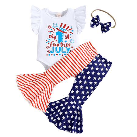 

Toddler Baby Girl 4th of July Outfits Fly Sleeve Print T-shirt & Stars Striped Flare Pants with Headband 2Pcs Set
