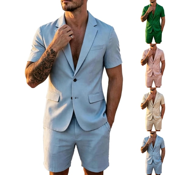 Men Lightweight Slim Suit Shorts Set Summer Beach Party Short Sleeve Blazer & Short Pants Set Casual Textured Tuxedo Shorts Set 2pcs Light Blue
