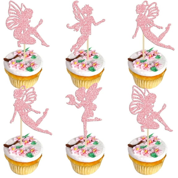 12pcs Fairy Cupcake Toppers Pink Glitter Flower Angel Fairy Cupcake Picks Ballet Dancer Cake Decorations for Wedding Bridal Shower Baby Shower Birthday Party Cake Decorations Supplies