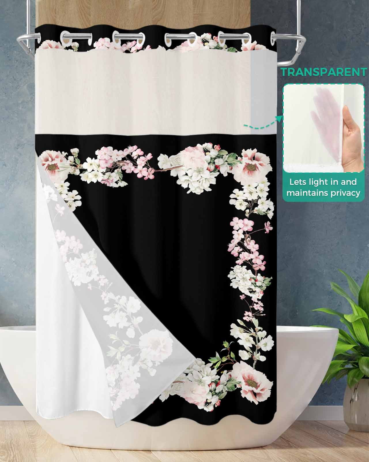 No Hook Shower Curtain with Snap in Liner, Flowers Plant Pink White Floral on Black Hotel Shower Curtains for Bathroom, Washable Shower Curtain Liner Set with Mesh Top Window, 54"x78"