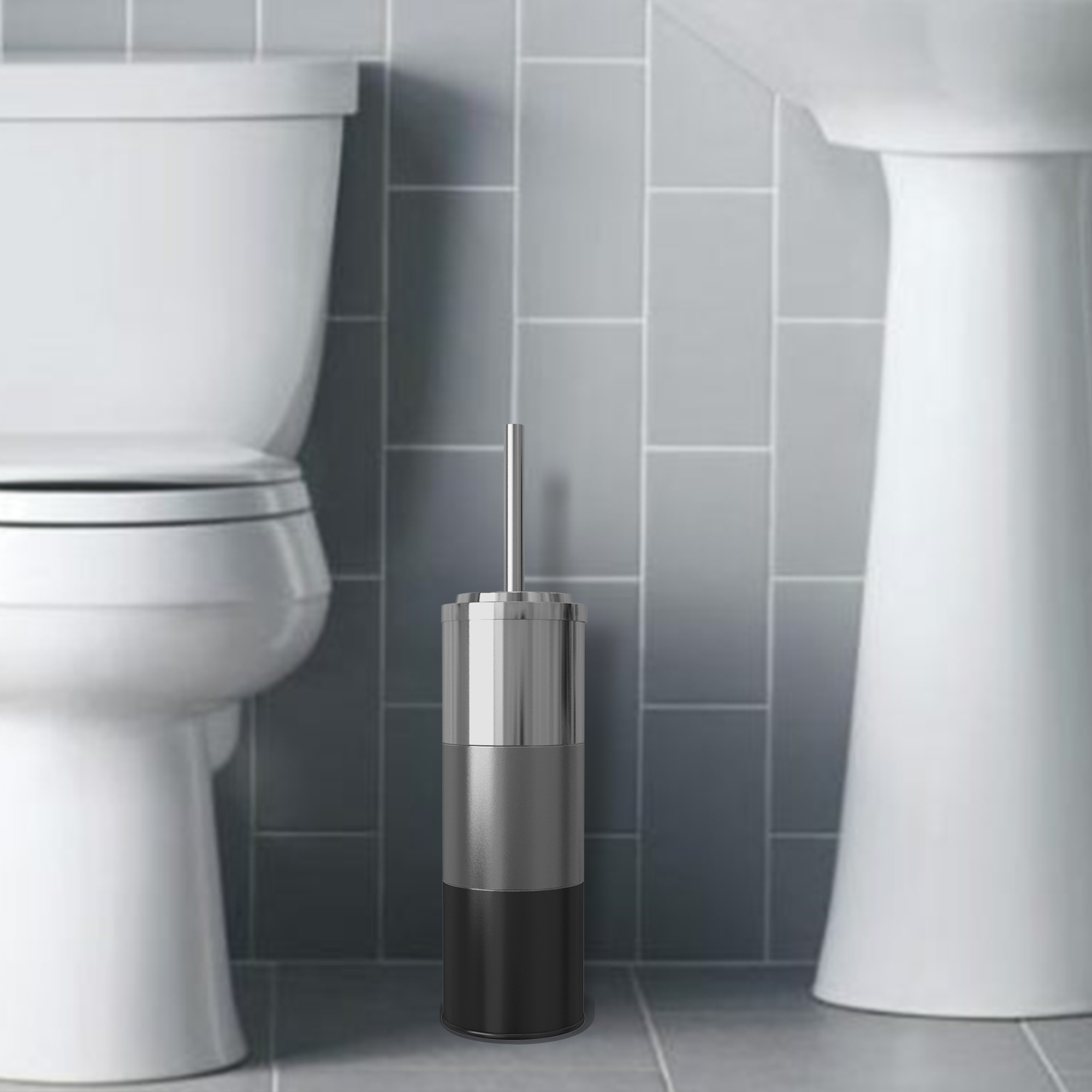 Slim Compact Stainless Steel Toilet Brush Holder For Bathroom Storage - Sturdy, Deep Cleaning, Metal With 3-Tone Platinum Finish