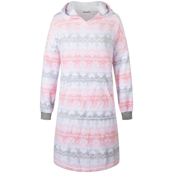 SofiePJ, Women's, Long Sleeve Fleece Printed Pull Over Hooded Sleepshirt with Pom poms, Pink Gray, L