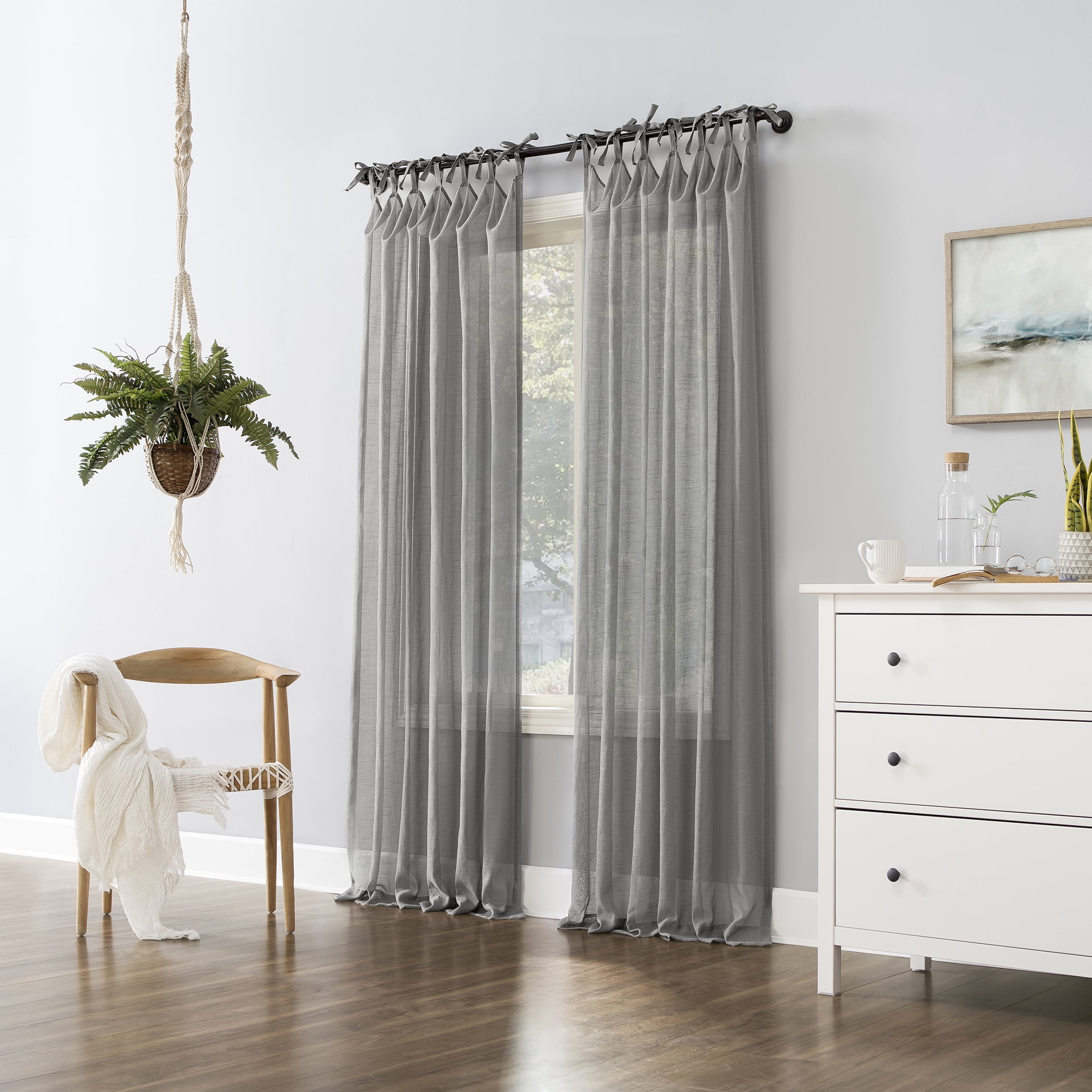 No. 918 Bethany Slub Textured Linen Blend Sheer Tie Top Curtain Panel, 50"x96", Gray