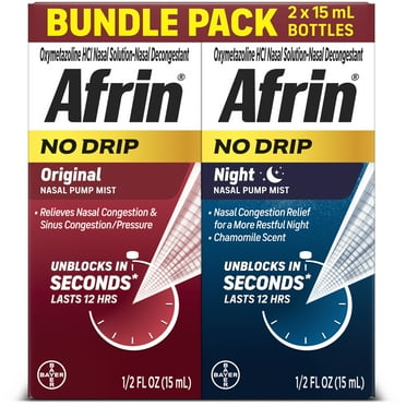 Afrin No Drip Original and Night 12hr No Drip Pump Mist 2 15ml Bottle Bundle Pack
