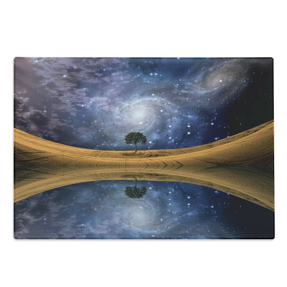 Space Cutting Board, Surreal Single Tree on Galaxy with Stars Meteors Unusual Sci Fi Panorama Print, Decorative Tempered Glass Cutting and Serving Board, Large Size, Brown Purple Blue, by Ambesonne