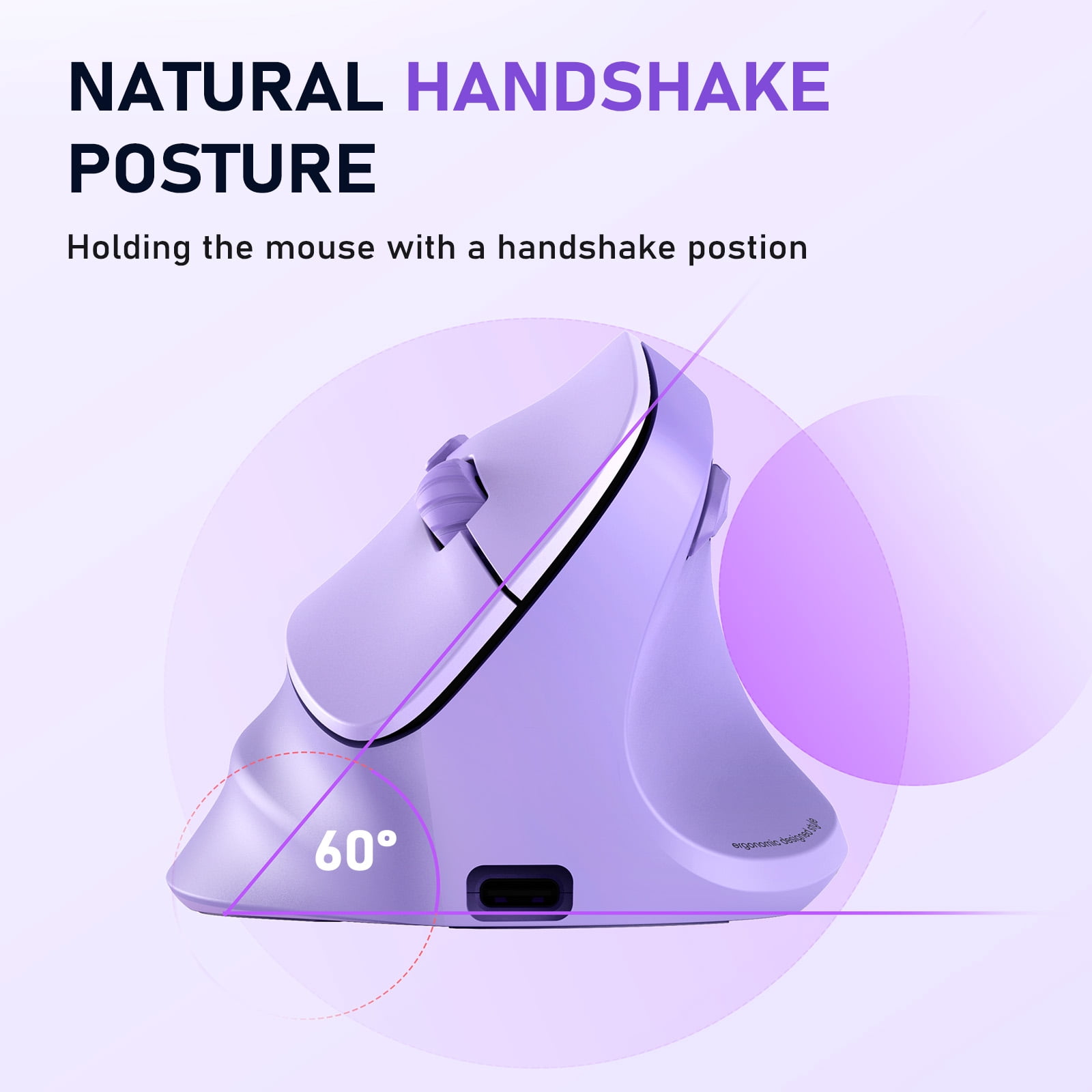 Meetion Purple Vertical Ergonomic Mouse, Bluetooth 2.4G, Rechargeable, Large Comfort Grip