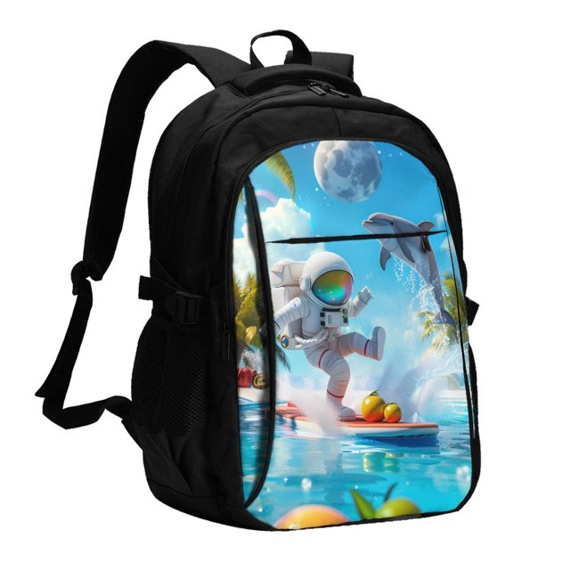 Easygdp Astronaut Tropical Dolphin Mochila para Laptop de Viaje con Puerto USB, Mochila para Laptop con Puerto de Carga USB para Mujeres y Hombres
