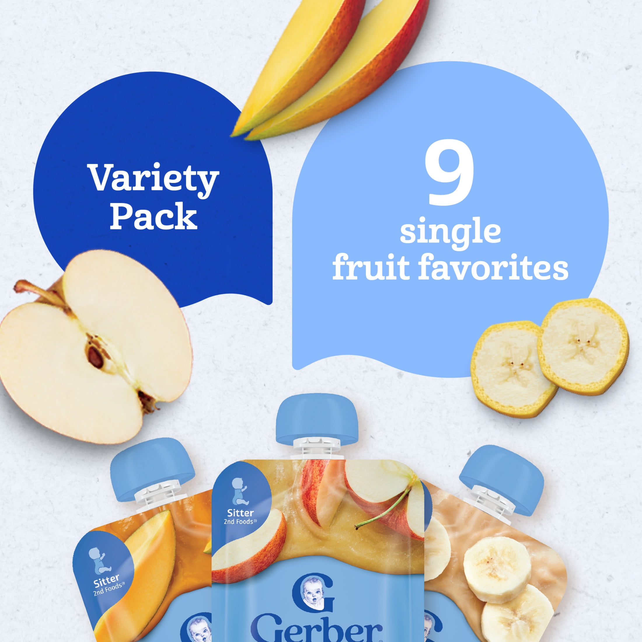 (3 pack) Gerber Stage 2 Baby Food, Single Fruit Puree Variety Pack, 3.5 oz Pouches (9 Pack)​