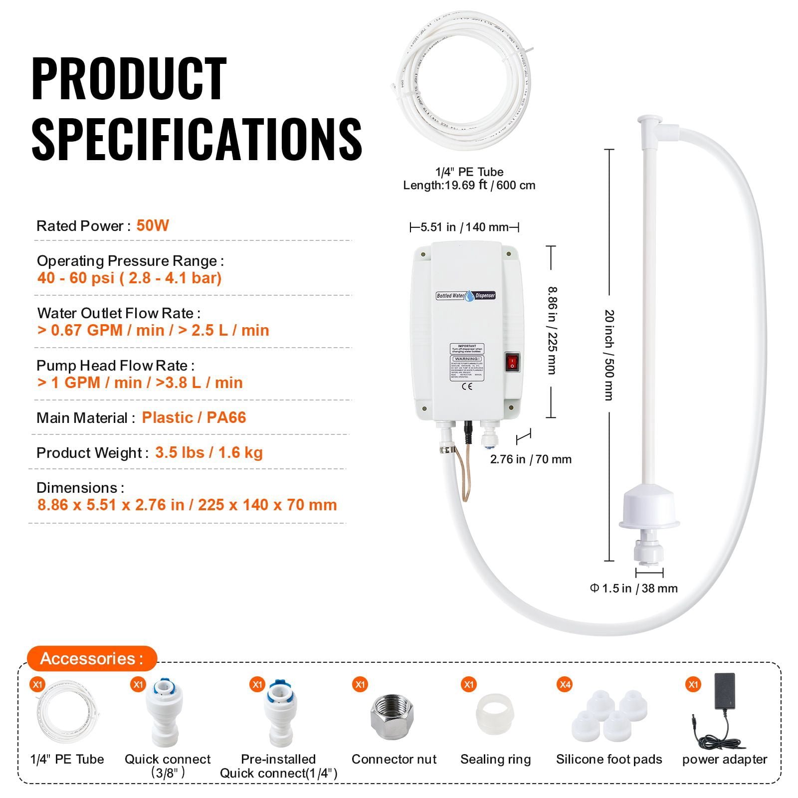 Bottled Water Dispenser Pump System 40-60 PSI for 5 Gallon Water Jugs Coffee Ice Maker