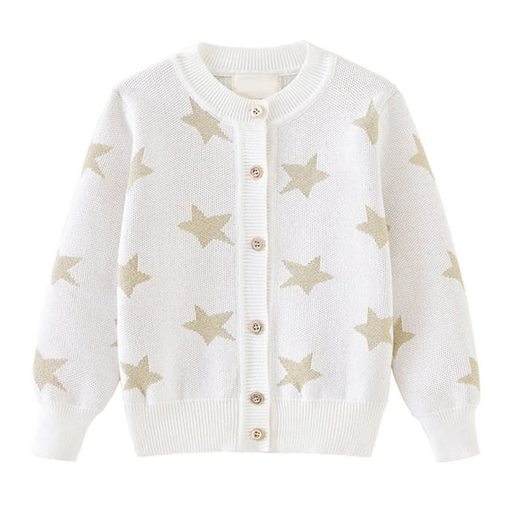 KHONTS Toddler Baby Girl Knit Cardigan Sweater Newborn Star Patterns Button down Warm Crew Neck Comfort Long Sleeve Tops,Sizes 1-8 Years White 90