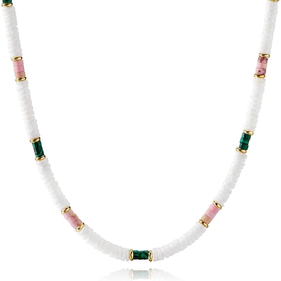 Boho Beaded Choker Necklace for Women, Gemstone Necklace Natural Stone Freshwater Pearl Surfer Necklace 14K Gold Plated Summer Beach Handmade Jewelry