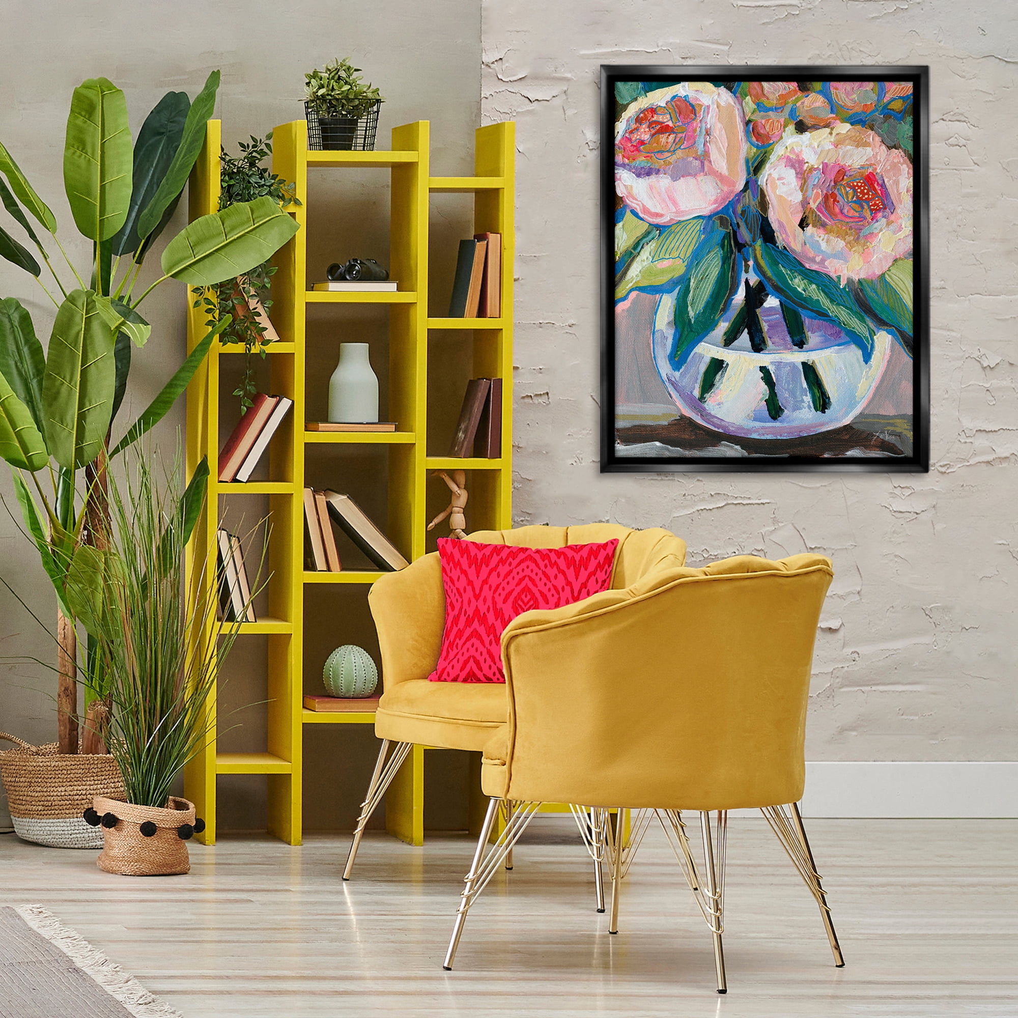 Stupell Industries Gifted Pink Peonies Plants & Flowers Painting Black Floater Framed Canvas Art Print Wall Art, 25 x 31