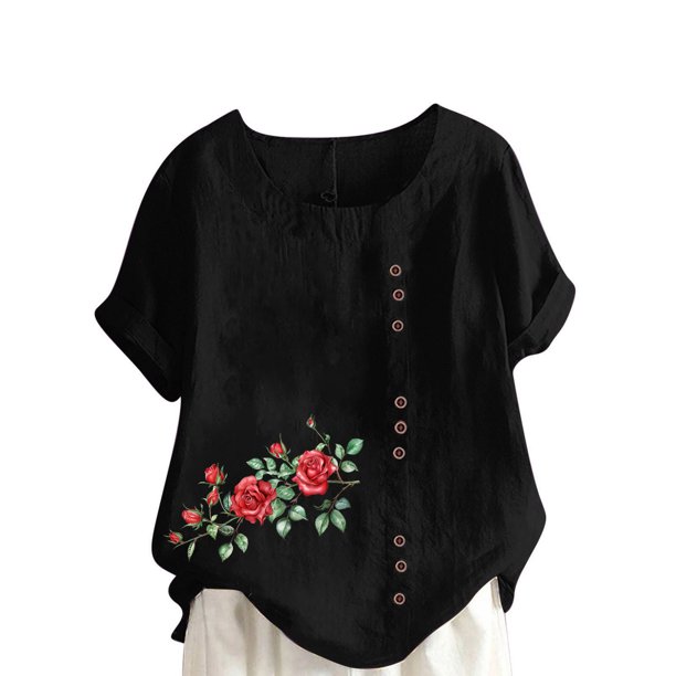 Vestidos Casuales Para Mujer, Blusas De Mujer De Moda Blusa informal de lino con cuello redondo, manga corta y botones para mujer
