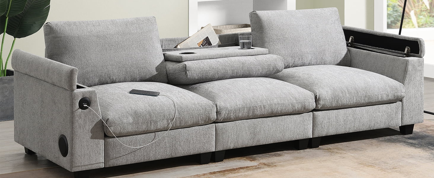 MAYEERTY 96x35" Chenille Sectional Sofa - Bluetooth Speaker, Drop Down Table/Cup Holders/USB/Storage Armrest, Wide Seat for Living Room/Apartment/Office, 3 Colors