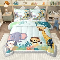 Manfei Elephant Lion Giraffe 7-Piece Twin Bedding Sets for Kids Girls Boys,Kawaii Jungle Wildlife Bedding Comforter Set,Cute Animal Breathable Sheet Sets,Ultra Soft Home Decor,Reversible