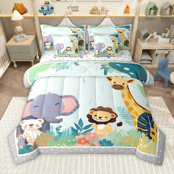 Manfei Elephant Lion Giraffe 7-Piece Twin Bedding Sets for Kids Girls Boys,Kawaii Jungle Wildlife Bedding Comforter Set,Cute Animal Breathable Sheet Sets,Ultra Soft Home Decor,Reversible