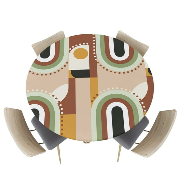 Retro Abstract Geometric Art Fitted Round Tablecloths Elastic Edged Table Covers 36"-44",Minimalist Bohemian Brown Waterproof Dining Room Table Cloth for Kitchen Holiday Party Tables Decor