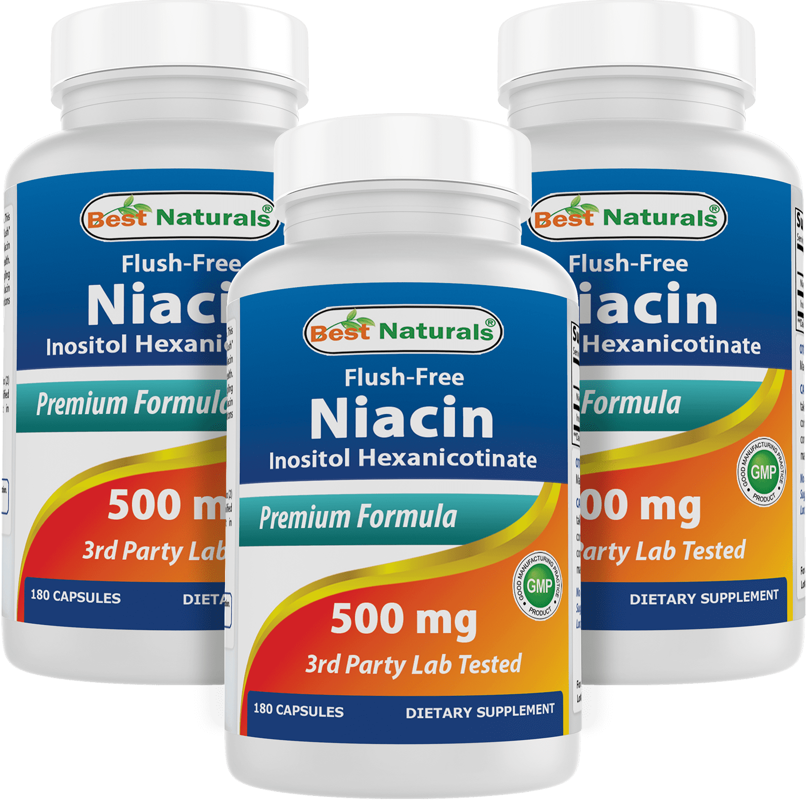 3 Pack Best Naturals Flush Free Niacin 500 mg 180 Capsules