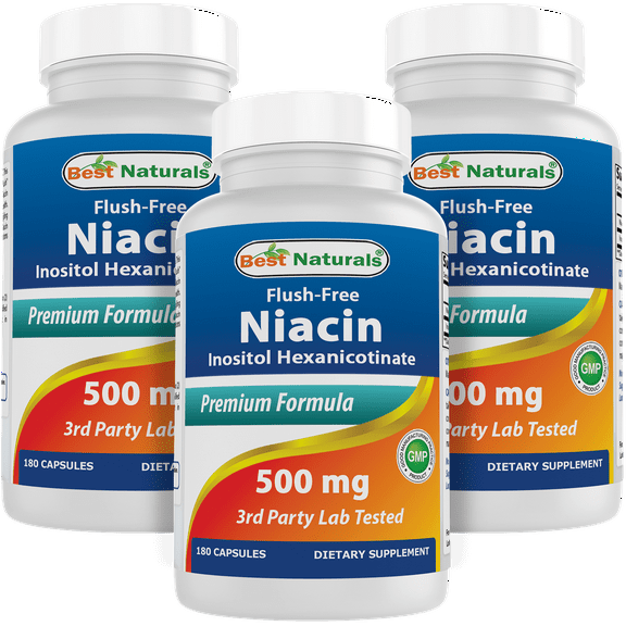 3 Pack Best Naturals Flush Free Niacin 500 mg 180 Capsules