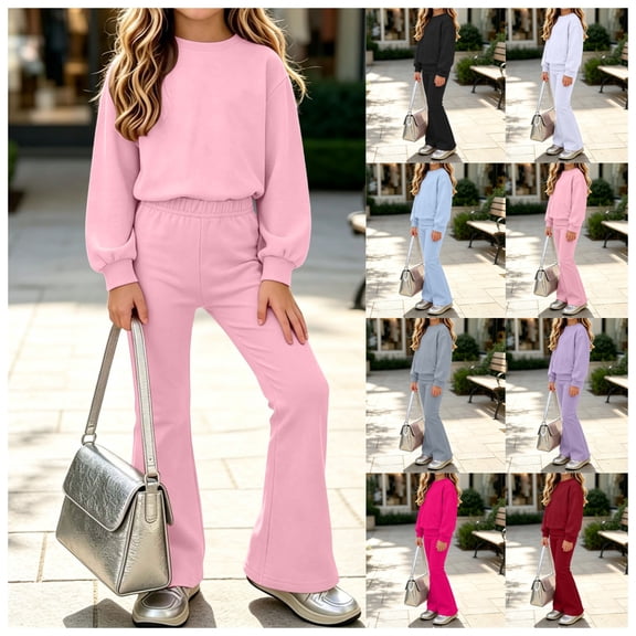 vzibsiv Girls 2 Piece Outfits Long Sleeve Crew Neck Sweatshirt Flare Pants Tracksuit Casual Fall Winter Clothing Set Pink 7-8Years