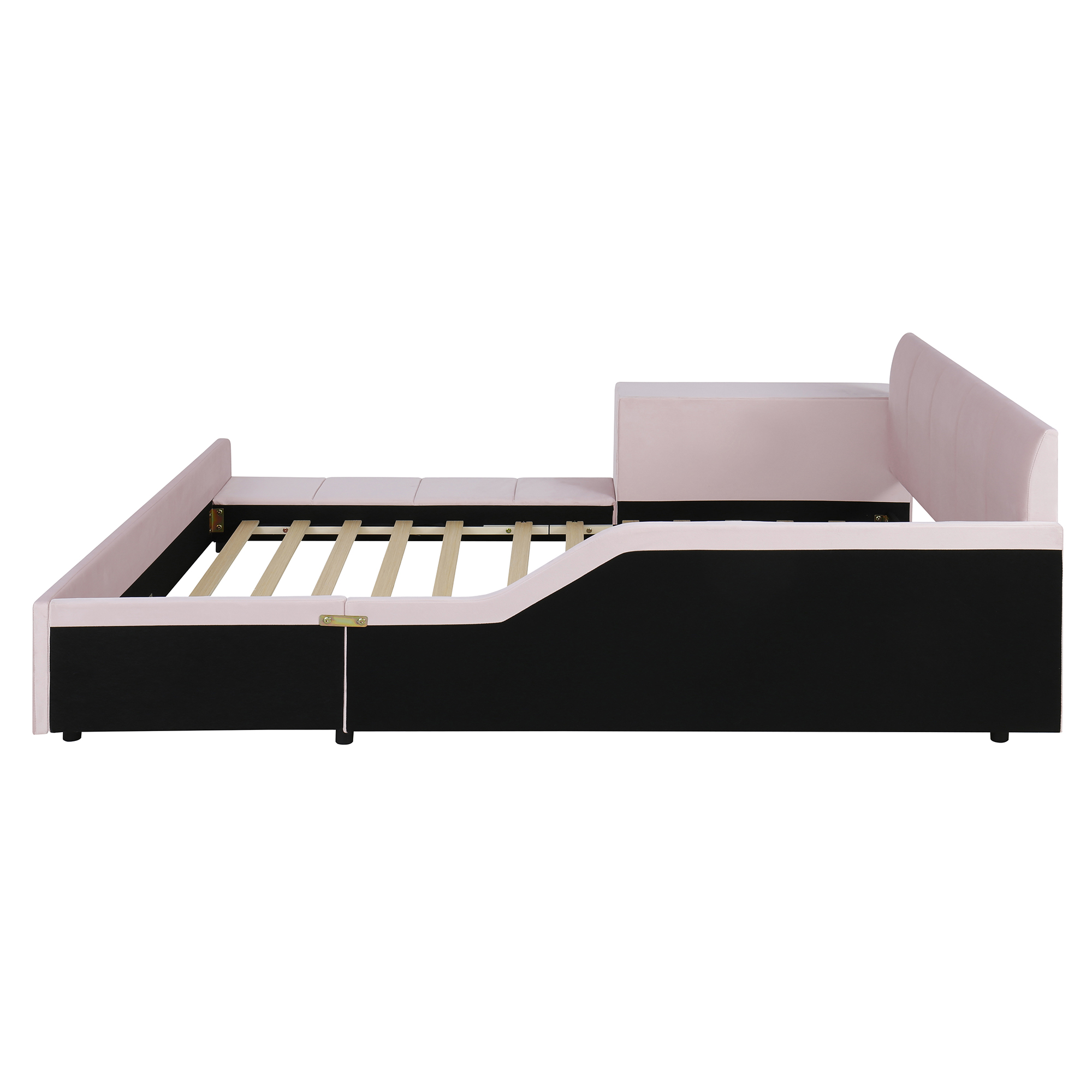 Aukfa Queen Size Velvet Upholstered Mother & Child Bed Frame, Grounded Platform Bed with Bedside Desk & Round Stool, Floor Bed for Kids & Adults Bedroom, Pink