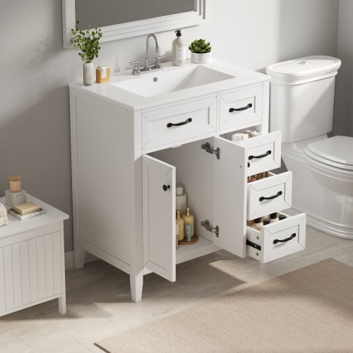 30 Inch Bathroom Vanity with Ceramic Sink, White Freestanding Vanity with Solid Wood Legs, Soft-Close Doors and Drawers for Bathroom, White