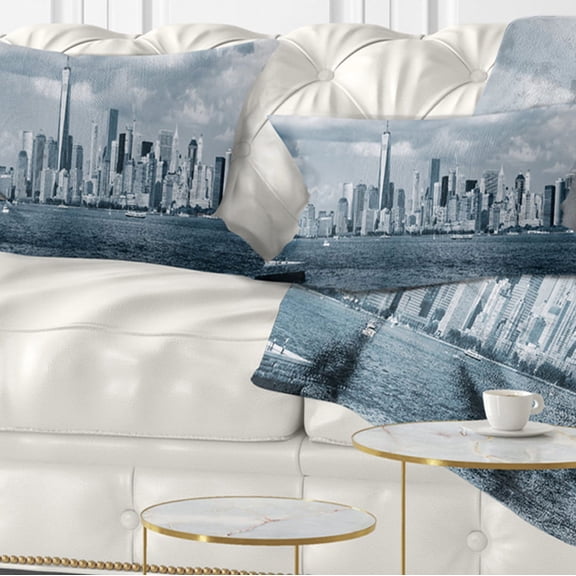 Designart Lower Manhattan Panorama Black White - Cityscape Throw Pillow - 12x20