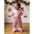 thumbnail image 5 of Cjfdfy Newborn Baby Girls Boy Satin Christmas Pajamas Clothes Santa Bow Print Long Sleeve Fuzzy Trim Button Jumpsuit Cute My First Christmas Fall Winter Sleepwear 0-18M, 5 of 9