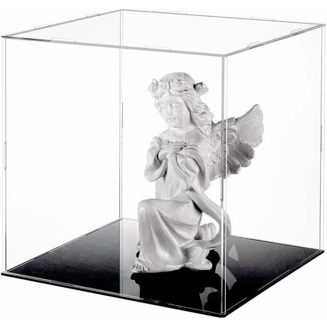 Clear Acrylic Display Case with Black Base & 4 Pcs Rubber Rings 10x10x10 Inch Cube Clear Self-Assembly Acrylic Box Dustproof Protection Showcase for Action Figures Collectibles Toys