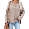 thumbnail image 1 of Suéter de punto de manga larga para mujer, color caqui, con cuello redondo y botones, color puro y sencillo, talla XL, 1 of 7