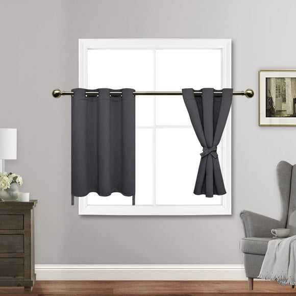 TRAHOO-Short Blackout Curtains with Tiebacks for Kitchen, Light Blocking and Noise Reducing Grommet Small Window Curtains for Bathroom/Bedroom, Set of 2 Panels, 42 x 36 Inch Length, Dark Grey