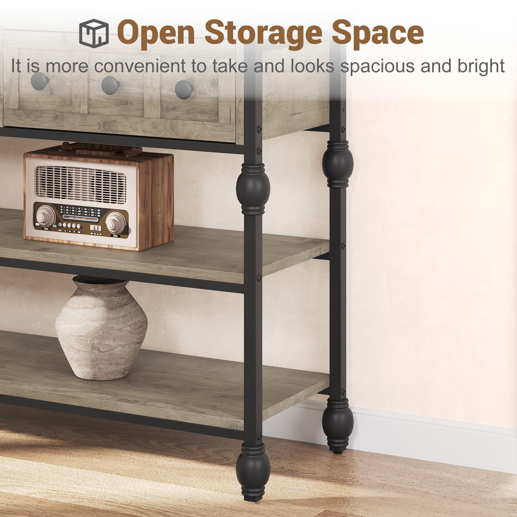 52.5 Inch Long Console Tables for Entryway with 3 Drawers, 3-Tier Industrial Metal Frame Sofa Table with Roman Column Legs for Hallway, Living Room, Foyer, Retro