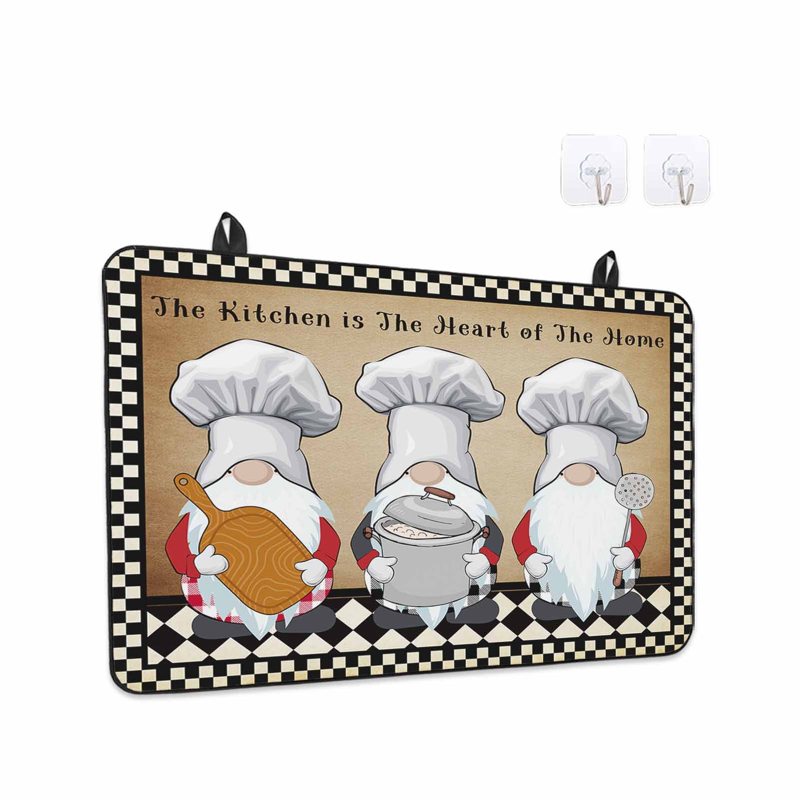 Farmhouse Chef Gnomes Stove Top Cover for Electric Stove, Heat-proof & Non Slip Glass Top Stove Cover Protector, Vintage Black White Plaid Kitchen Flat Cooktop Rubber Mat 31x24 Inches