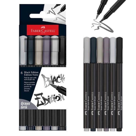 Faber-Castell Black Edition Super Soft Gray Brush Pens | 6 Felt Tip Markers with Flexible Brush Nibs for Coloring, Lettering, Journaling & Drawing