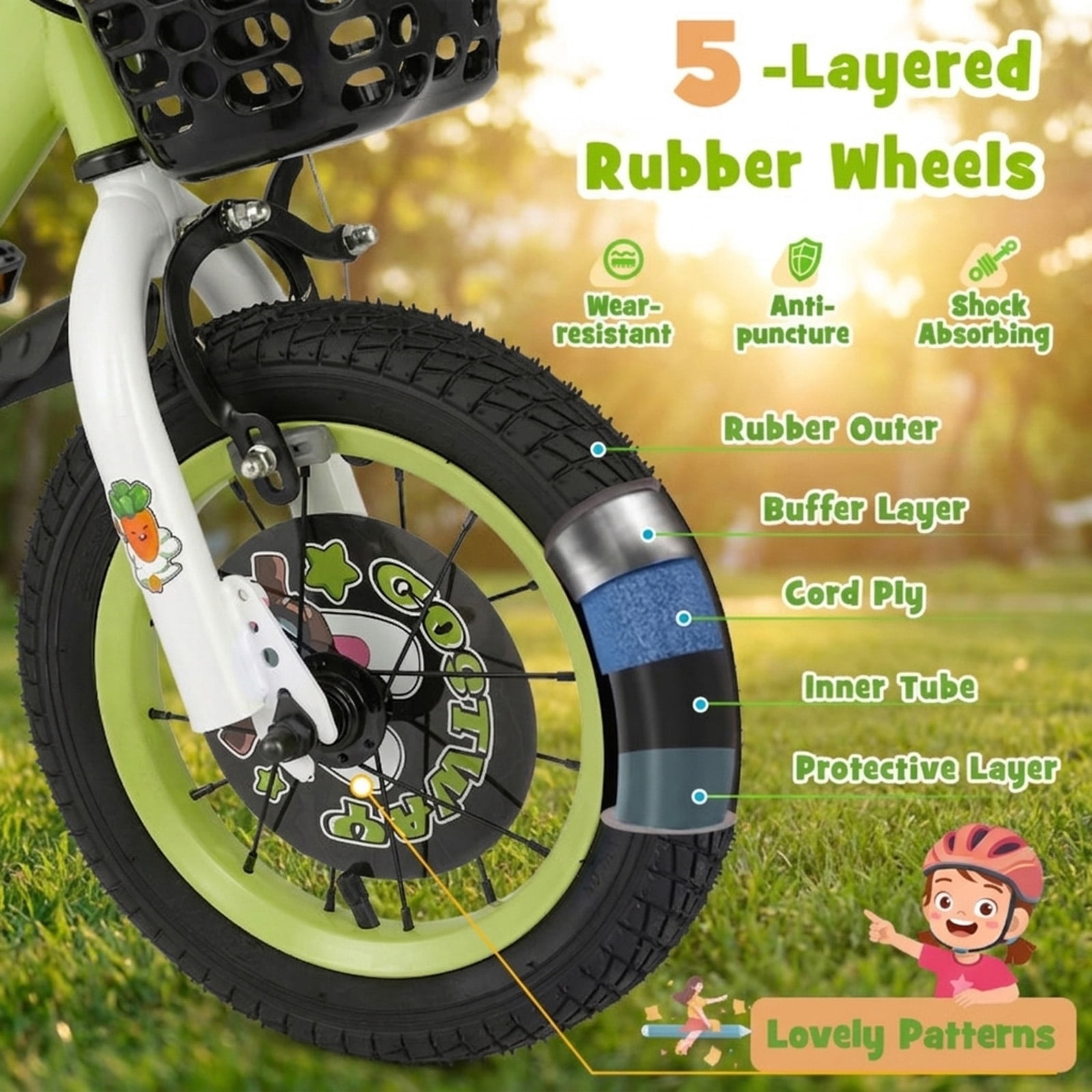 Redsmile Kids Bike 12 Inch with Detachable Training Wheels for 3-4 Years Old Boys Girls, Adjustable Kids Bicycle with Storage Basket, Handbrake and Coaster Brake, 12" Toddler Bike, Green