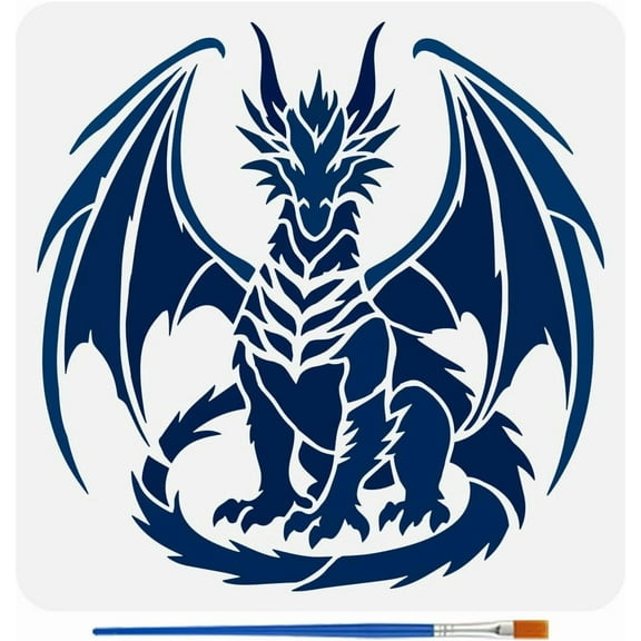 Dragon Sitting Upright Painting Stencil with Brush 30x30cm/11.8x11.8inch Reusable Dragon Stencil Plastic Animal Theme Painting Template for DIY Art Projects Home Decor