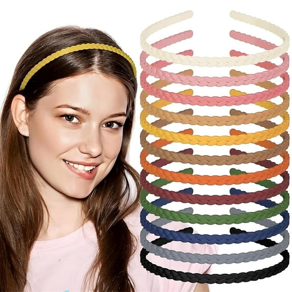 QZS 12 Pcs Non-Slip Plastic Headbands Set,Elegant Twisted Braid Hair Band,Matte Solid Color Headbands,Plain Elastic Hard Hair Hoop,Plastic Thin Headband,Hair Accessories for Women Girls