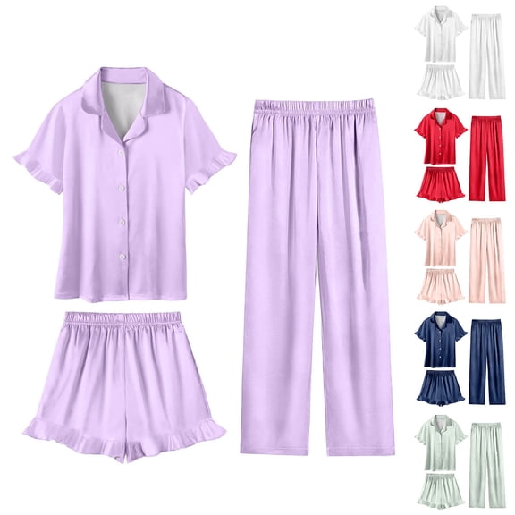 Purcolt Girls 3 Piece Pajamas Sets Comfortable Satin Short Sleeve Button Up Shirts and Shorts Pants Pjs Sleepwear Summer Ruffle Nightwear