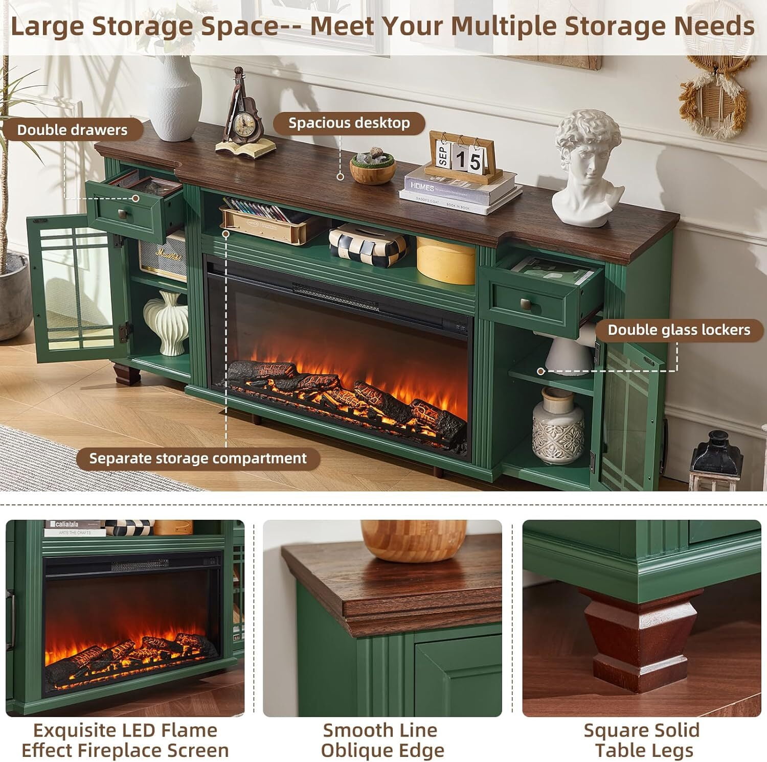 70" Fireplace TV Stand for TV up to 80", Entertainment Center with 36.5" Electric Fireplace Media Console Table for Living Room with Glass Shelves, Green