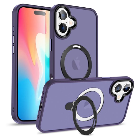 Magnetic for iPhone 16 Case, Compatible for Mag-Safe Charging with Kickstand Ring Holder, Military-Grade Shockproof Protection Translucent Back for iPhone 16 Phone Case, Darkpurple