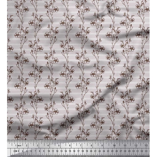 Soimoi Gray Moss Georgette Fabric Stripe & Flower Printed Fabric 1 Yard 42 Inch Wide