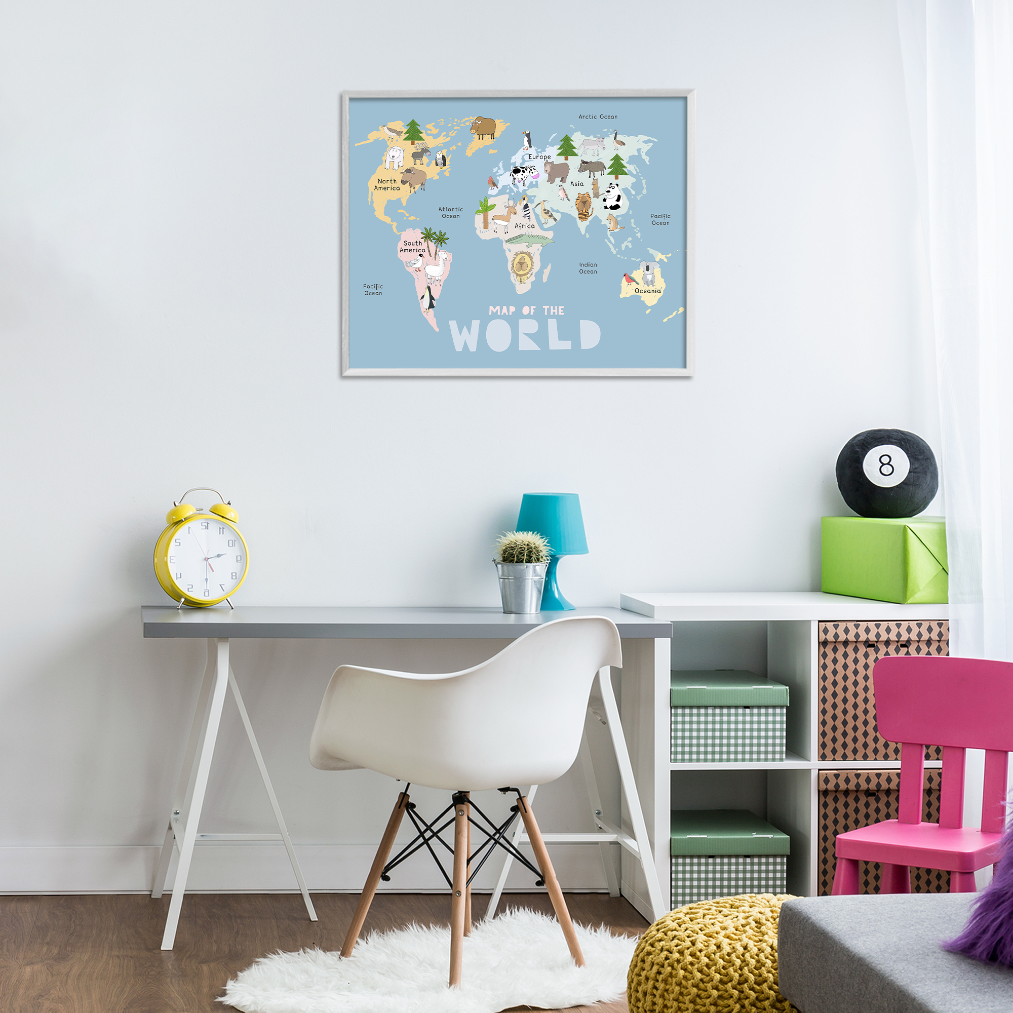 Kid's Map Of World Blue White Framed Giclee Art, design by Carla Daly